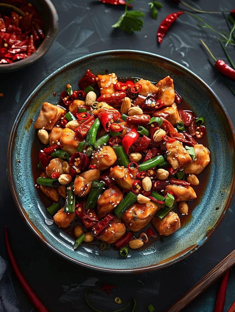 homestyle-kung-pao-chicken-stir-fry Authentic Sichuan style Kung Pao Chicken dish with tender chicken dried chilies peanuts and red chili oil in a vibrant presentation