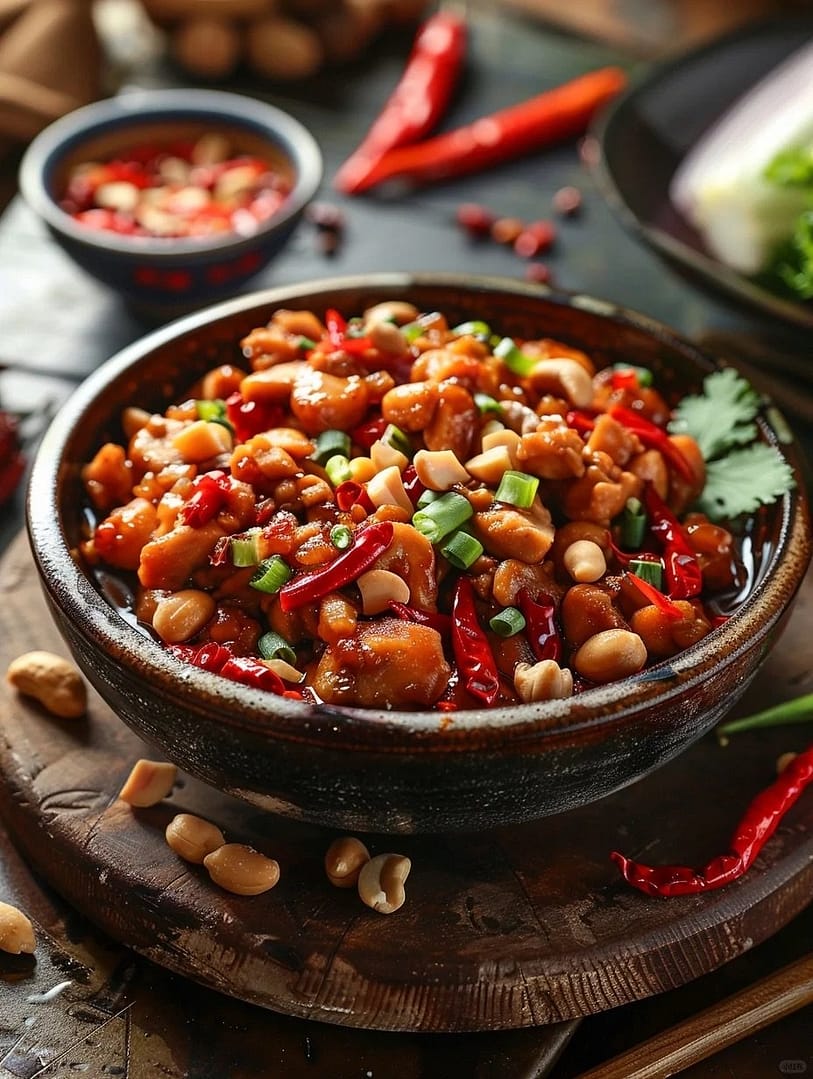 Raw ingredients for Kung Pao Chicken diced chicken breast dried red chilies roasted peanuts green onions and Sichuan peppercorns